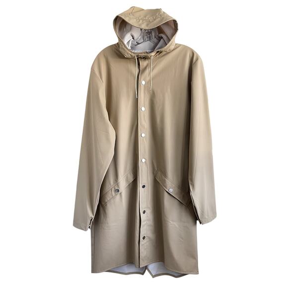 Rains Sz M Unisex Long Rain Jacket Tan Hood Pockets Minimalist Breathable Chic - Picture 3 of 16
